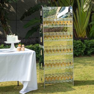 5-Tier Champagne Wall Glass Holder 5ft in Silver Mirror Finish, 40 Stemware Rack Cocktail Display Drink Organizer for Upscale Parties, Weddings & Bars